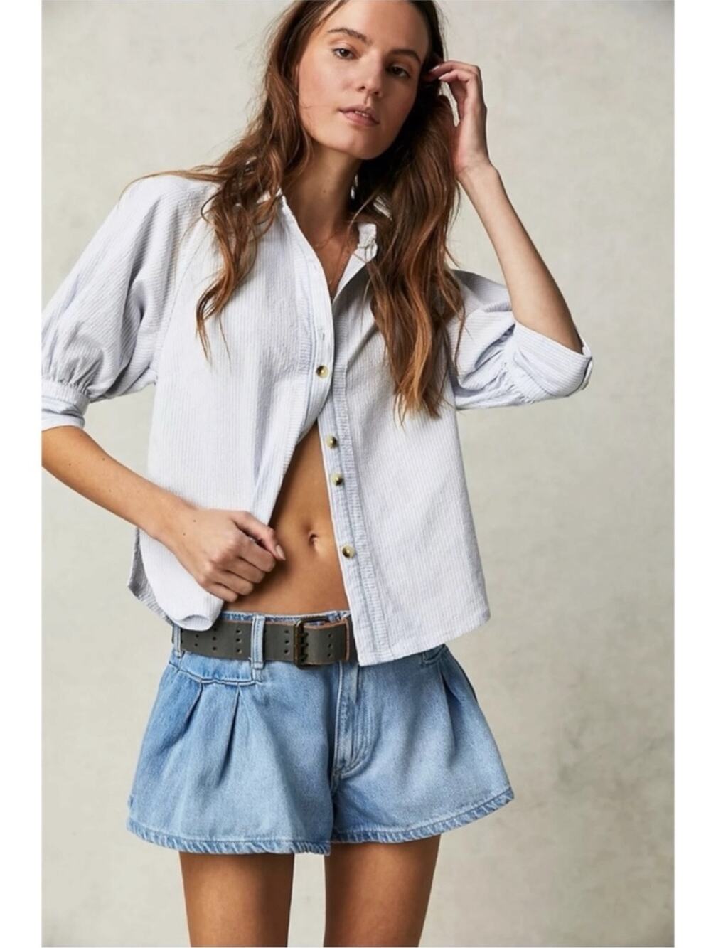 Free People We The Free Ellie Stripe Top Button Down Puff Sleeve Preppy Medium